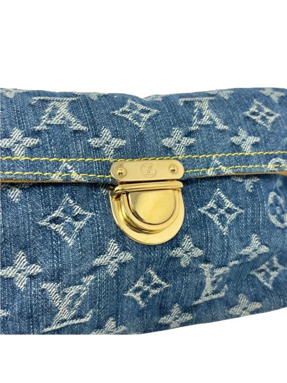 LOUIS VUITTON Vintage Monogram Denim Pochette Plat Clutch Bag Blue Gold [105529]